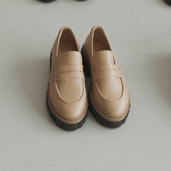 Beige Chunky Loafers on Low Thick Platform, Nude Monk Shoes with Black Sole and Closed Round Toe, Custom Wide Fit Shoes on Low Heel
