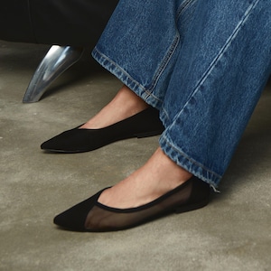 Black Mesh Flats with Closed Pointy Toe, Fishnet Ballet Shoes, Jelly Shoes, Transparent Slip On Women Flat Shoes, Casual Summer Flats