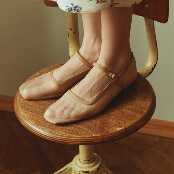Beige Mesh Mary Janes With Square Closed Toe and Leather