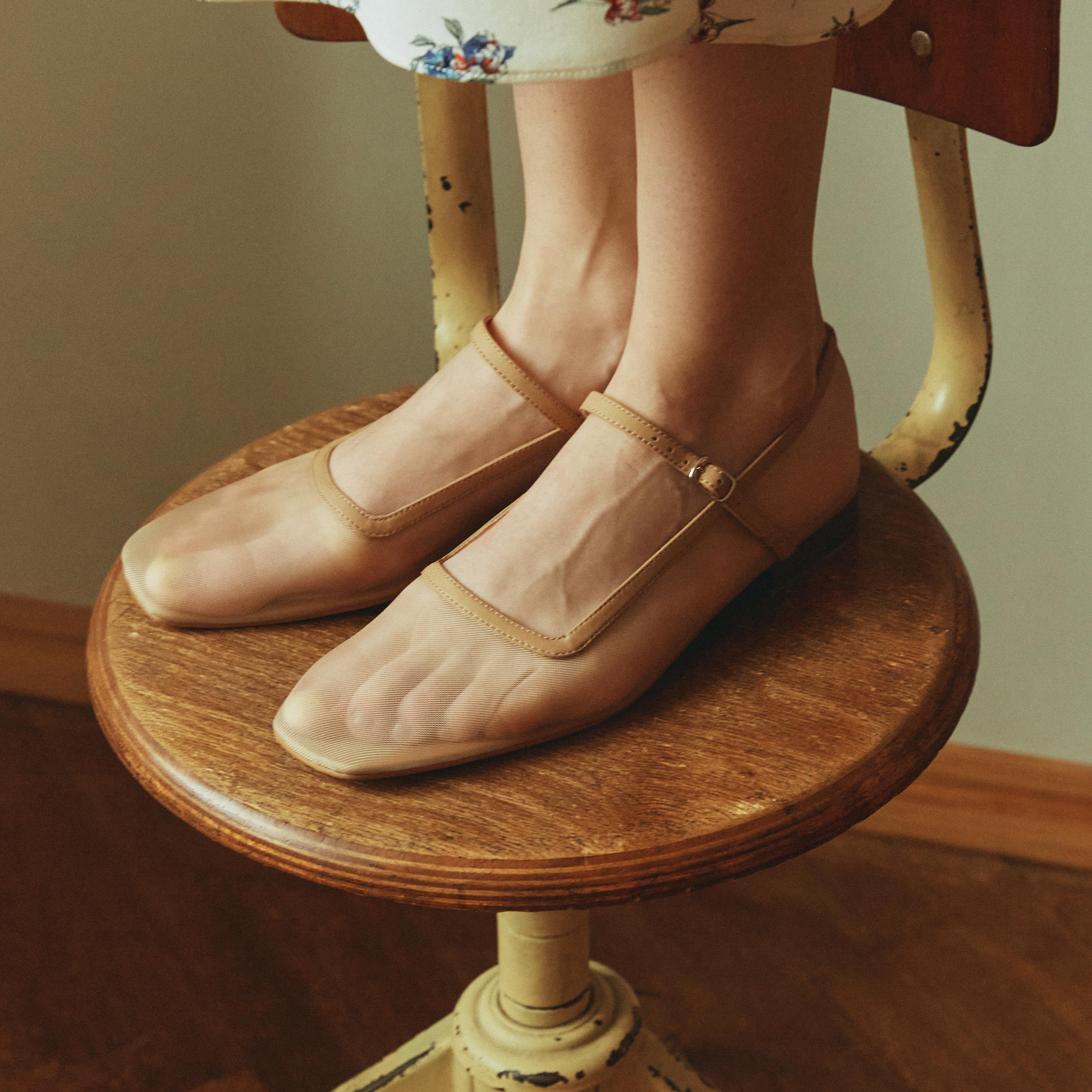 Beige Mesh Mary Janes With Square Closed Toe and Leather Beige Mesh Mary Janes With Square Closed Toe and Leather