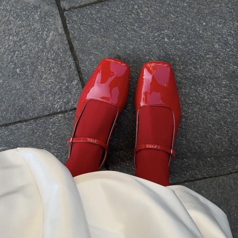 Red Mary Janes with Arch Strap from Patent Leather, Square Toe Flat Shoes, Vintage Mary Jane, Retro Style Everyday Shoe with Silver Buckle