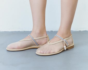 Mesh Flats Beige Mesh with Anatomically Shaped Toe Fishnet Sheer Ballet Shoes Barefoot Women Flat Slip On Shoes with Embroidered Arch Strap