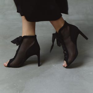 Black Mesh Ankle Boots with High Block Heels, Fishnet Black Booties with Open Peep Toe, Sheer Suede Heels with Satin Lace Up for Wide Feet