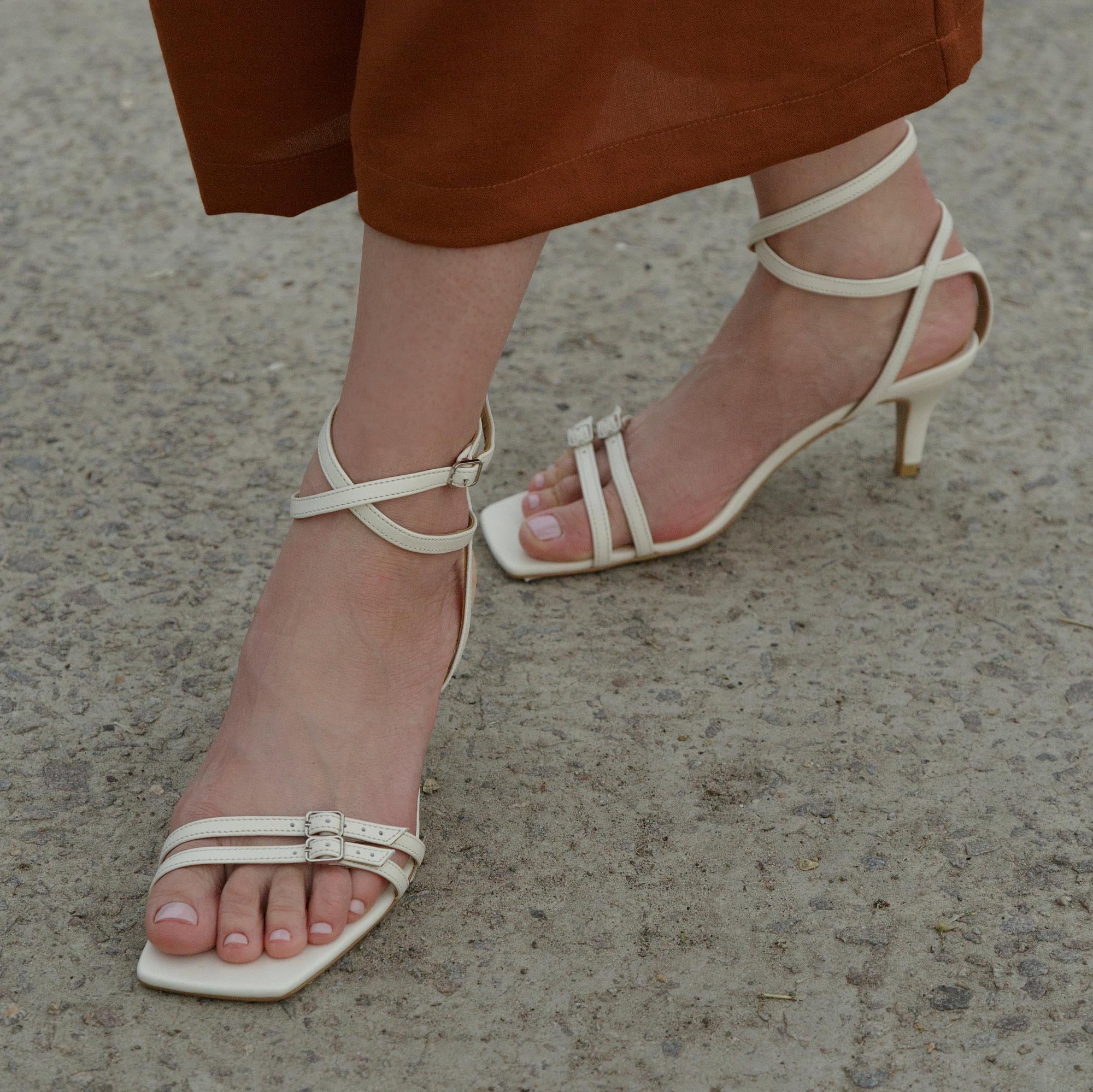 White Strappy Sandals with Square Peep Toe, Handmade Summer Sandal with Low Kitten Heel, Colorful Leather Barefoot Sandal with Square Toe