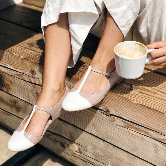 T-Strap Mary Janes with Almond Toe, White and Beige Women Shoes, Genuine  Leather Vintage Retro style Shoes, Everyday Ballet Flats