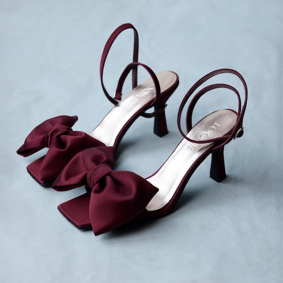 Burgundy Bow Sandals with Thin Mid Heel from Satin, Dark Red Evening Pumps with Open Square Toe and Ankle Strap, Big Bow Prom Shoes