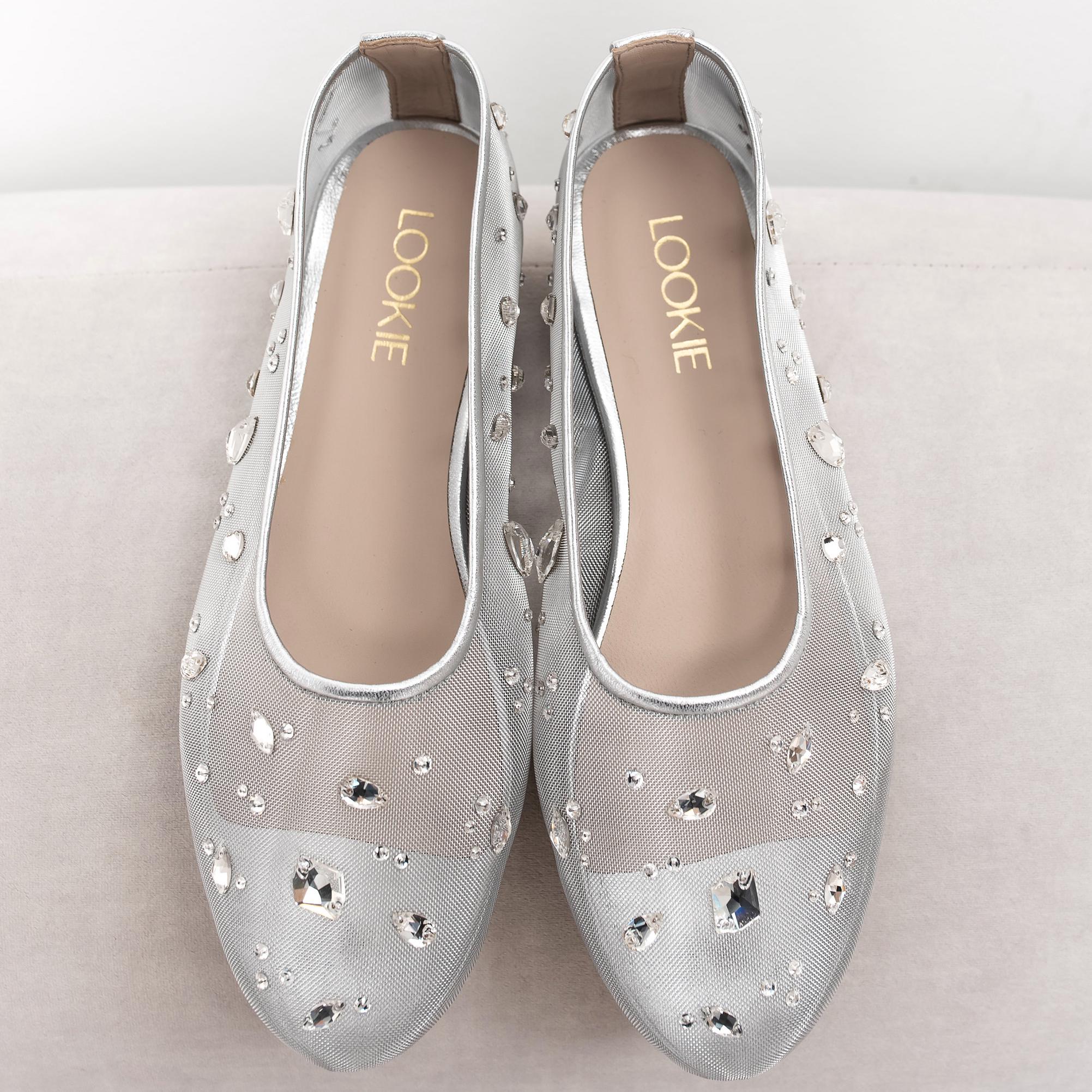 IT MICHAA [イミシャ] Jewelry Mesh Flat Shoes Silver Mesh Flats With Rhinestone Embroidery and Almond Toe