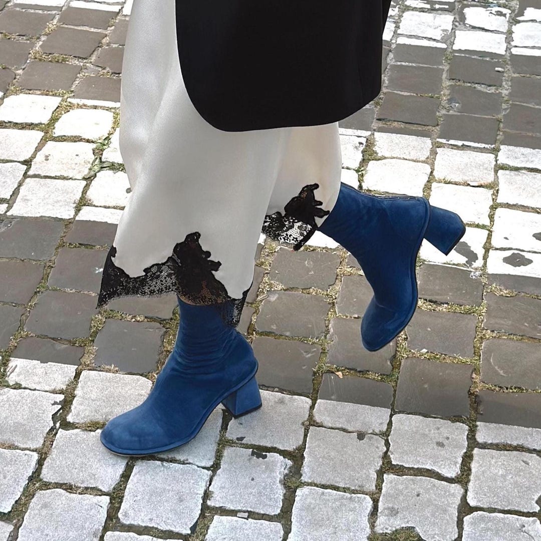 Denim Blue Ankle Boots With Block Heel, Round Toe and Zipper, Fall — free download