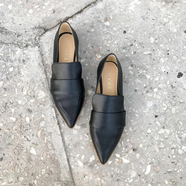 Black Leather Penny Loafers with Closed Pointy Toe, Low Heel Women Oxford Shoes, Slip On Ballet Pumps, Handmade Casual Loafer Flat Shoes