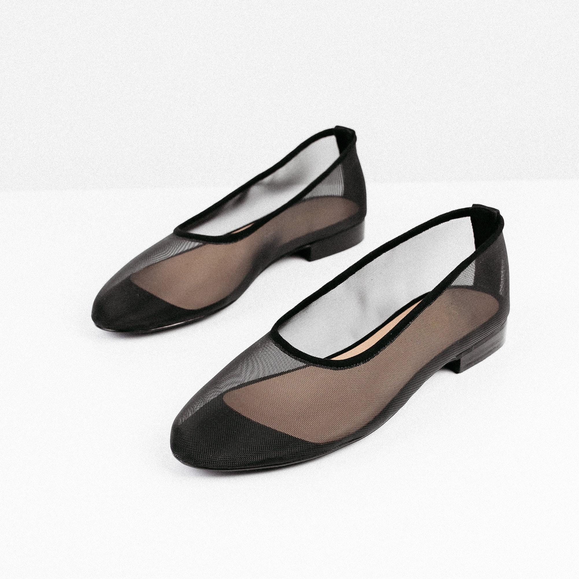 Black Soft Mesh Flats With Almond Closed Toe and Genuine Leather