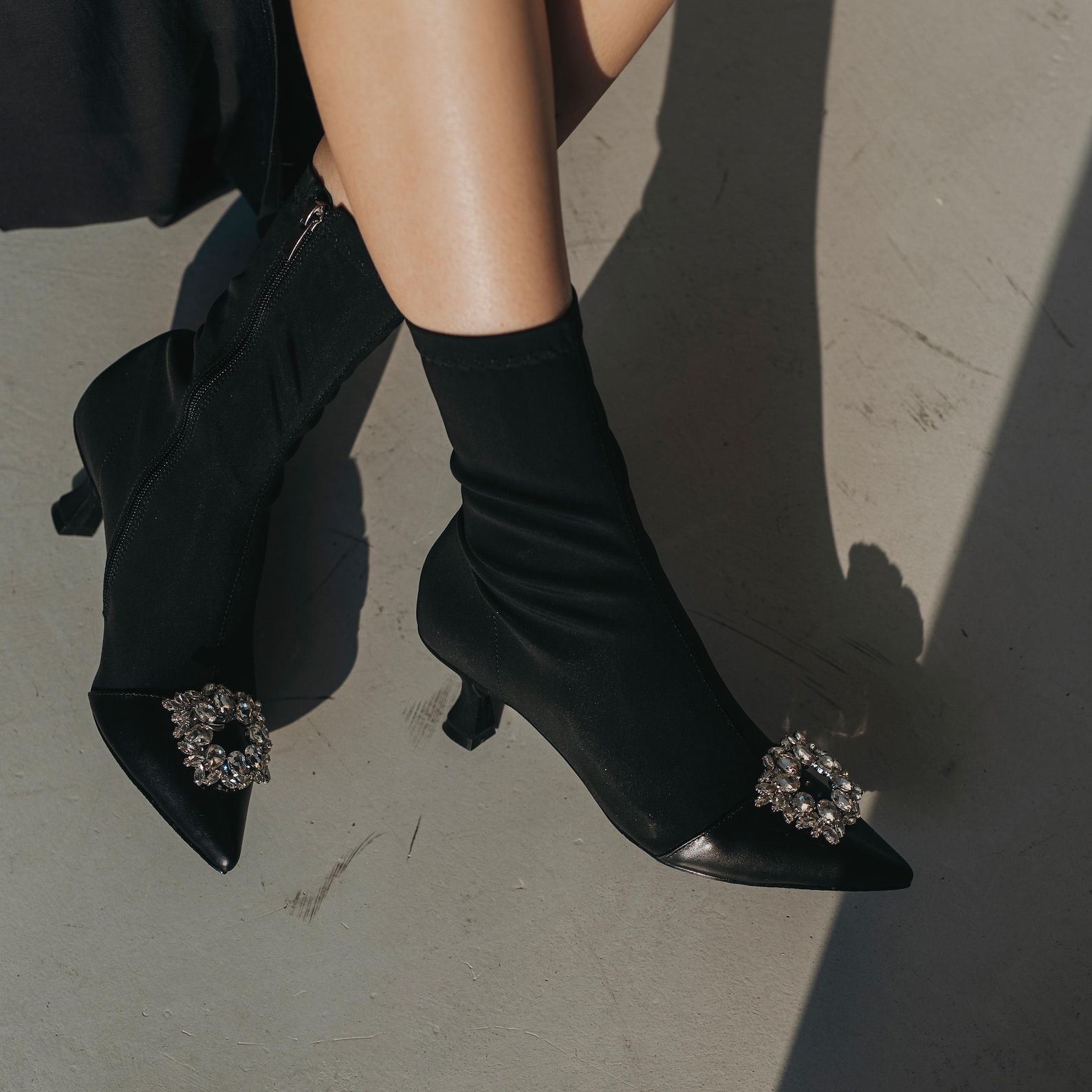 Black Stretch Ankle Boots With Pointy Toe and Low Kitten Heel, Handmade ...