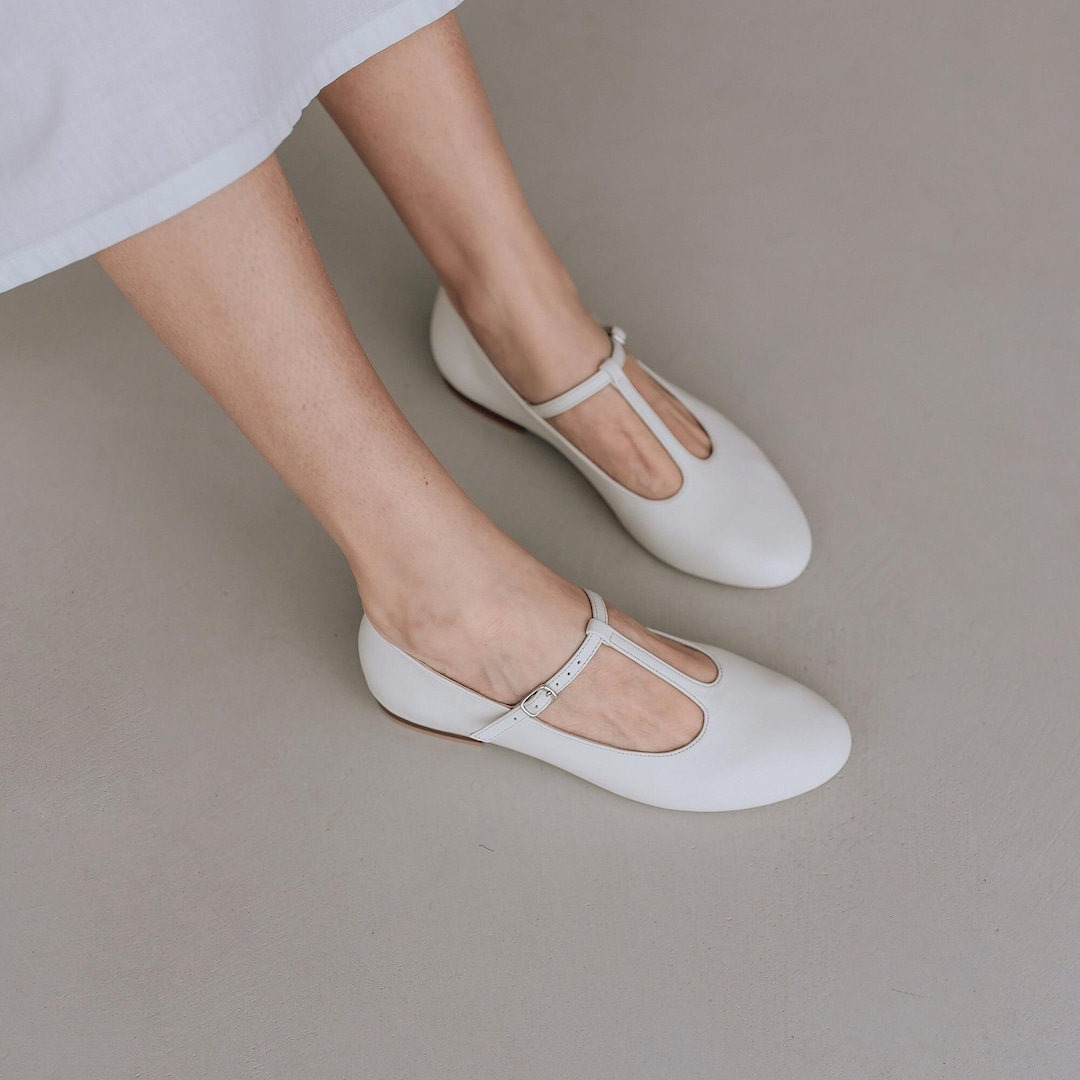 Milky White Mary Janes With T-strap, Closed Almond Toe off White