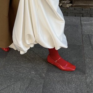 Red Mary Janes with Arch Strap from Patent Leather, Square Toe Flat Shoes, Vintage Mary Jane, Retro Style Everyday Shoe with Silver Buckle