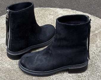 Black Winter Ankle Boots with Round Toe and Low Heel, Winter Women's Short Boots with Zipper, Custom Shoes with Sheared Pony Hair