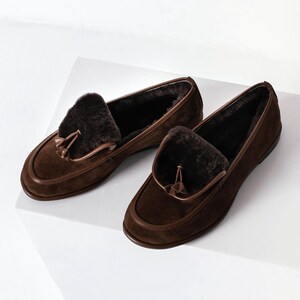 Brown Loafers with Closed Almond Toe and Fur, Low Heel Women Oxford Shoes, Handmade Chocolate Suede Flat Shoes, Fur Lined Winter Shoes image 4