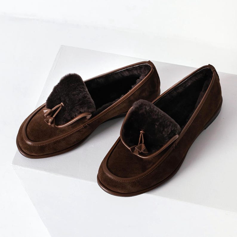 Brown Loafers with Closed Almond Toe and Fur, Low Heel Women Oxford Shoes, Handmade Chocolate Suede Flat Shoes, Fur Lined Winter Shoes image 4