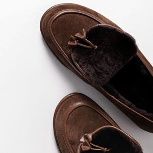 Brown Loafers with Closed Almond Toe and Fur, Low Heel Women Oxford Shoes, Handmade Chocolate Suede Flat Shoes, Fur Lined Winter Shoes image 7