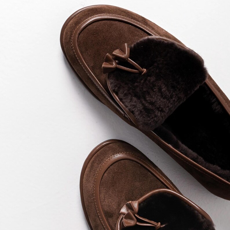 Brown Loafers with Closed Almond Toe and Fur, Low Heel Women Oxford Shoes, Handmade Chocolate Suede Flat Shoes, Fur Lined Winter Shoes image 7