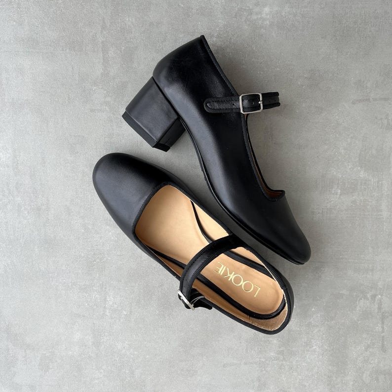 Black Mary Janes with Low Block Heel, Leather Women Shoes with Almond Toe, Handmade Heeled Dress Pumps with Arch Strap and Silver Buckle