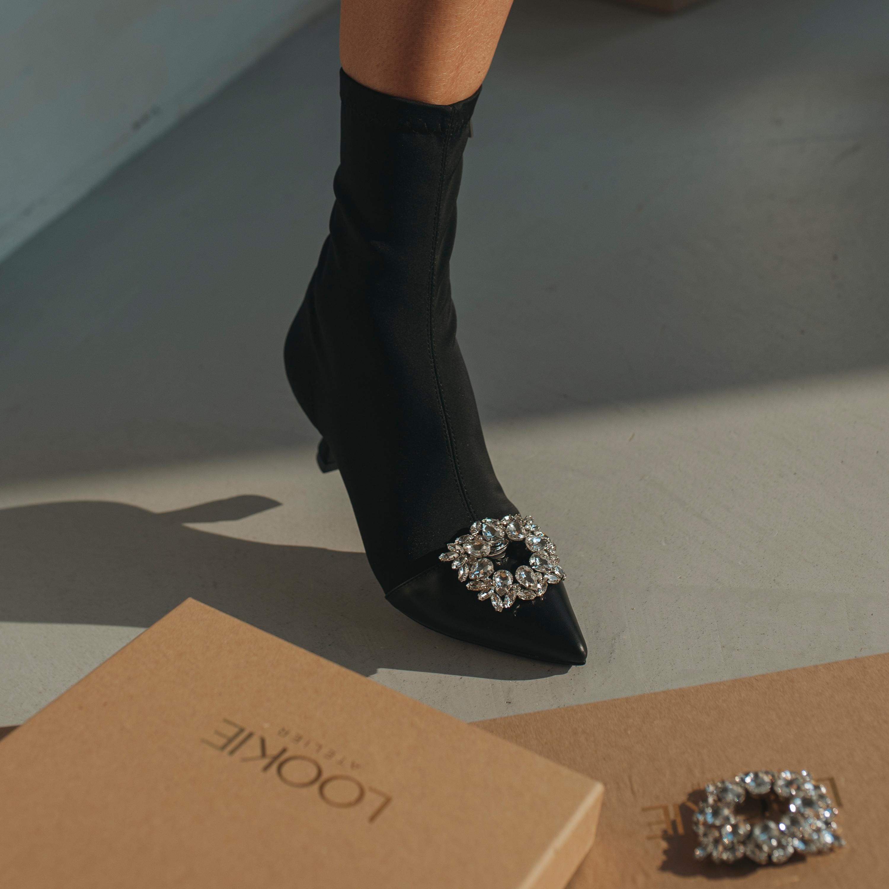 Black Stretch Ankle Boots With Pointy Toe and Low Kitten Heel, Handmade ...