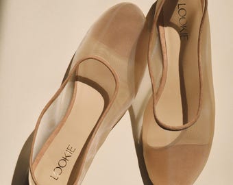 Beige Mesh Flats With Almond Closed Toe and Genuine Leather Insole - Main Image