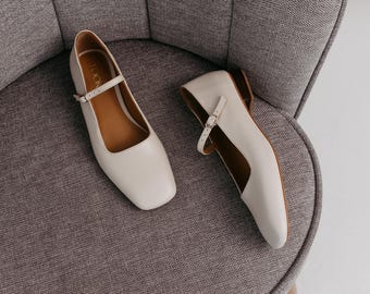 White Mary Janes From Natural Leather, Handmade Square Toe Flat