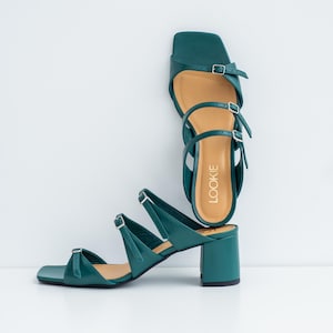 Leather Slip On Sandals with Adjustable Arch Straps, Handmade Women Shoes with Peep Toe and Low Block Heel, Summer Green Leather Mules