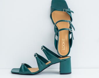 Leather Slip On Sandals with Adjustable Arch Straps, Handmade Women Shoes with Peep Toe and Low Block Heel, Summer Green Leather Mules