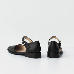 Black Mary Janes with Square Toe in Genuine Leather, Women Shoes, Low Heel Everyday Mary Jane with Ankle Strap, Wide Fit Ballet Flats