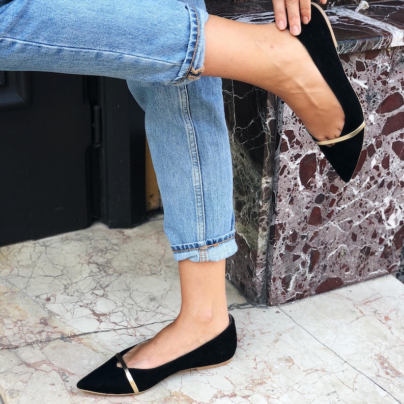 Black Pointed Toe Flats from Genuine Suede, Women Flat Shoes, Black Wedding Shoes with Pointy Toe, Black Ballet Flats with Golden Strap
