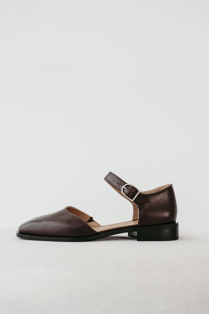 Brown Square Toe Mary Janes in Leather, Women Flats Shoes, Low Block Heel Mary Janes with Brown Strap, Custom Wide Ballet Flat Silver Buckle image 4