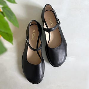 Black Mary Jane with Flat Heel, Handmade Soft Leather Flats with Arch Strap and Closed Almond Toe, Wide Fit Woman Everyday Unisex Shoes