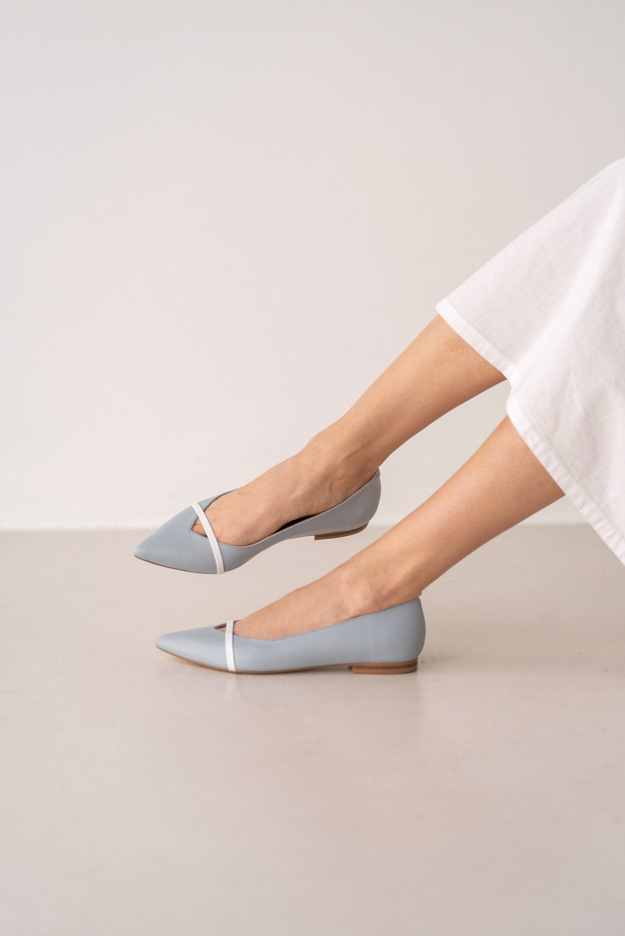 Light Blue Flats With Pointy Toe and Decorative Strap Wedding Flat