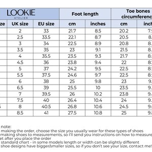May include: A size chart for shoes, showing US, UK, and EU sizes, along with corresponding foot length in centimeters and inches, and toe bone circumference in centimeters and inches.