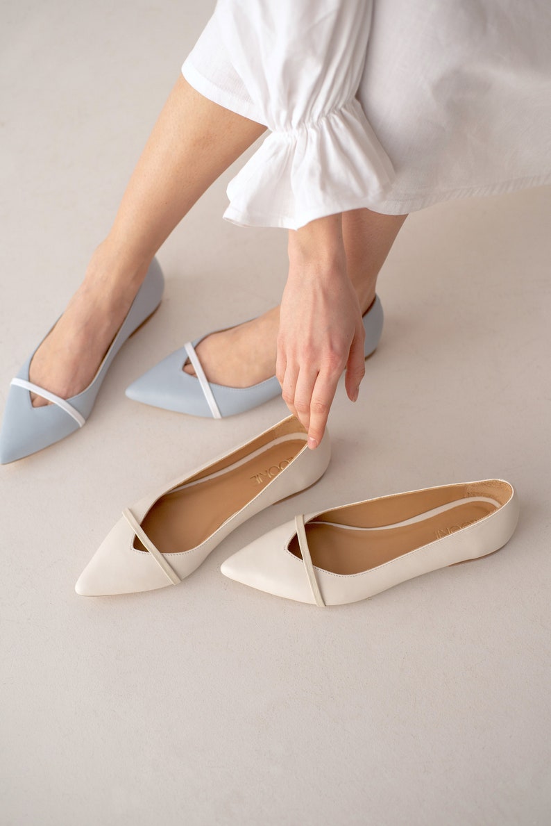 Light Blue Flats with Pointy Toe and Decorative Strap, Wedding Flat Shoes, Closed Toe Flats from Soft Leather, Something Blue Flat Heels image 6