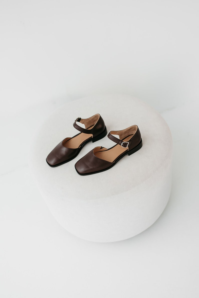 Brown Square Toe Mary Janes in Leather, Women Flats Shoes, Low Block Heel Mary Janes with Brown Strap, Custom Wide Ballet Flat Silver Buckle image 1