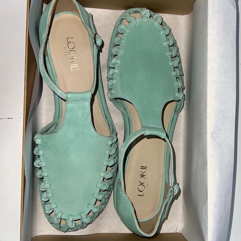 Mint Suede Fisherman Sandals, Gladiator Buckle Closed Toe Sandals, Light Green Suede Women Summer Sandals, Flat Heel Shoes with T-Strap