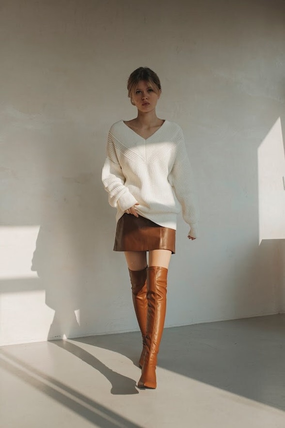 Caramel Thigh High Sock Boots With Low Kitten Heel Women Stretchy