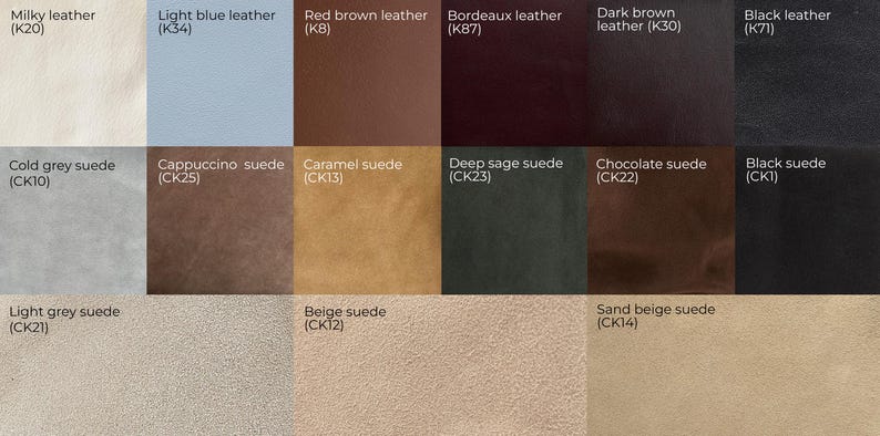 May include: A selection of leather and suede swatches in a range of colours. The palette includes milky, light blue, red-brown, dark brown, and black leather. Suede options are cold grey, cappuccino, caramel, deep sage, chocolate, and sand beige.