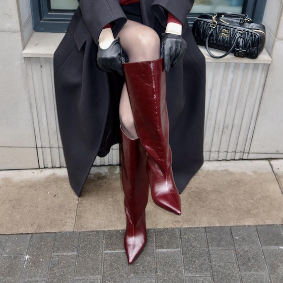 Bordeaux Knee High Boots with Kitten Heel, Women Over The Knee Boots with Pointy Toe, Patent Leather Boots For Women with Low Slim Heel