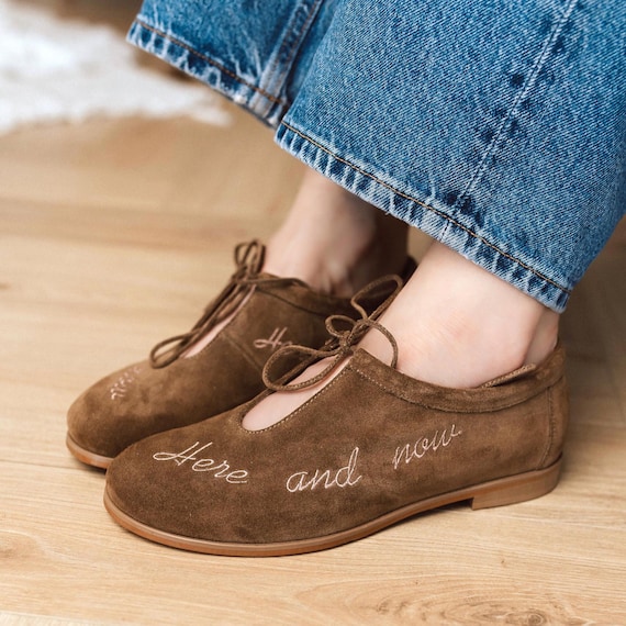 Brown Loafers with Closed Almond Toe and Embroidery, Low Heel Women Oxford Shoes, Slip On Ballet Pumps, Handmade Chocolate Suede Flat Shoes