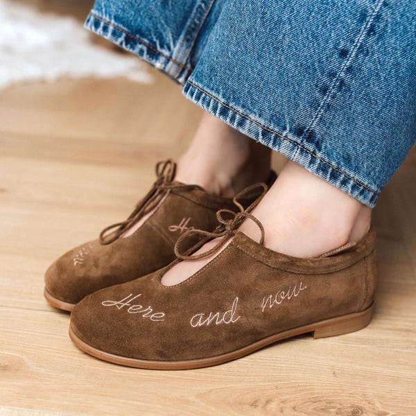 Brown Loafers with Closed Almond Toe and Embroidery, Low Heel Women Oxford Shoes, Slip On Ballet Pumps, Handmade Chocolate Suede Flat Shoes