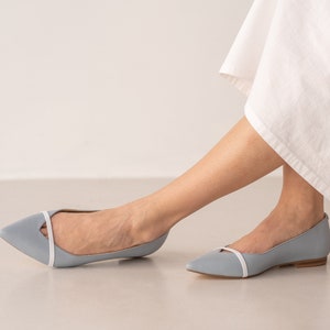 Light Blue Flats with Pointy Toe and Decorative Strap, Wedding Flat Shoes, Closed Toe Flats from Soft Leather, Something Blue Flat Heels image 4