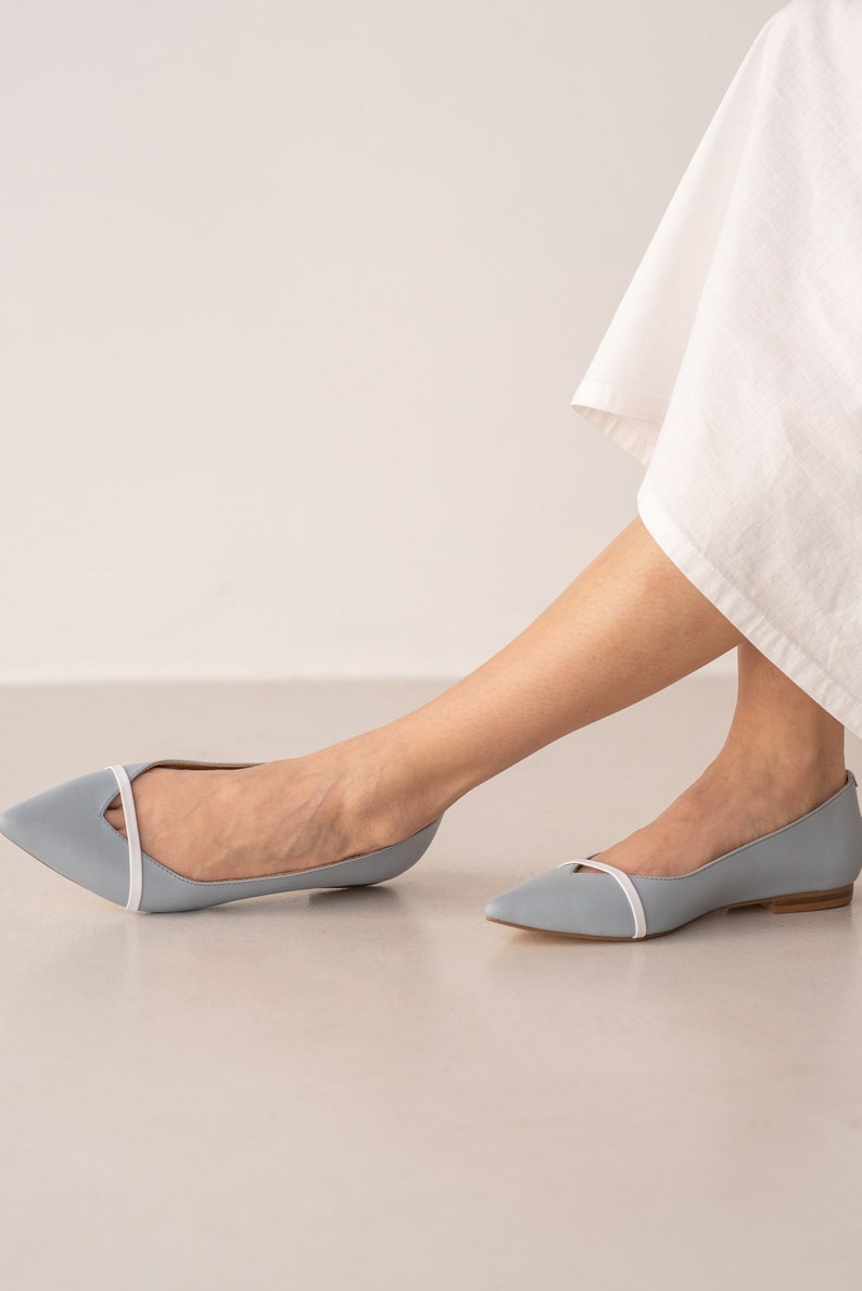 Light Blue Flats with Pointy Toe and Decorative Strap, Wedding Flat Shoes, Closed Toe Flats from Soft Leather, Something Blue Flat Heels image 4