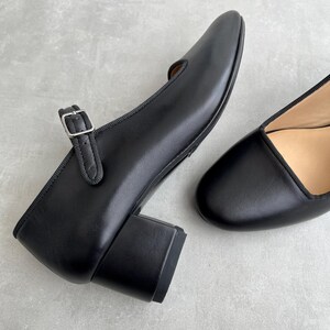 Black Mary Janes with Low Block Heel, Leather Women Shoes with Almond Toe, Handmade Heeled Dress Pumps with Arch Strap and Silver Buckle