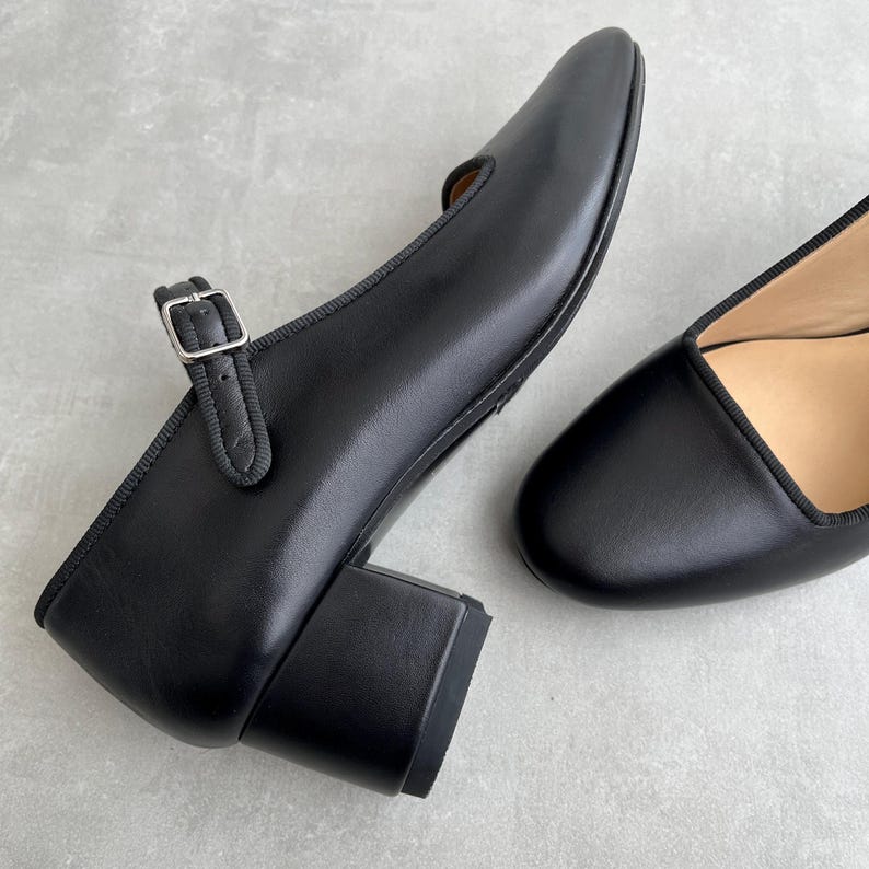 Black Mary Janes with Low Block Heel, Leather Women Shoes with Almond Toe, Handmade Heeled Dress Pumps with Arch Strap and Silver Buckle