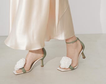 Light Green Sandals with White Satin Rose, Open Peep Toe Women Sandals with Kitten Heel and Ankle Strap, Floral Wedding Sandals on Mid Heels