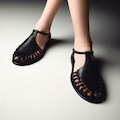 Black Fisherman Sandals, Leather Gladiator Buckle Closed Toe Sandals, Women Summer Sandals, Flat Heel Shoes with T-Strap product logo