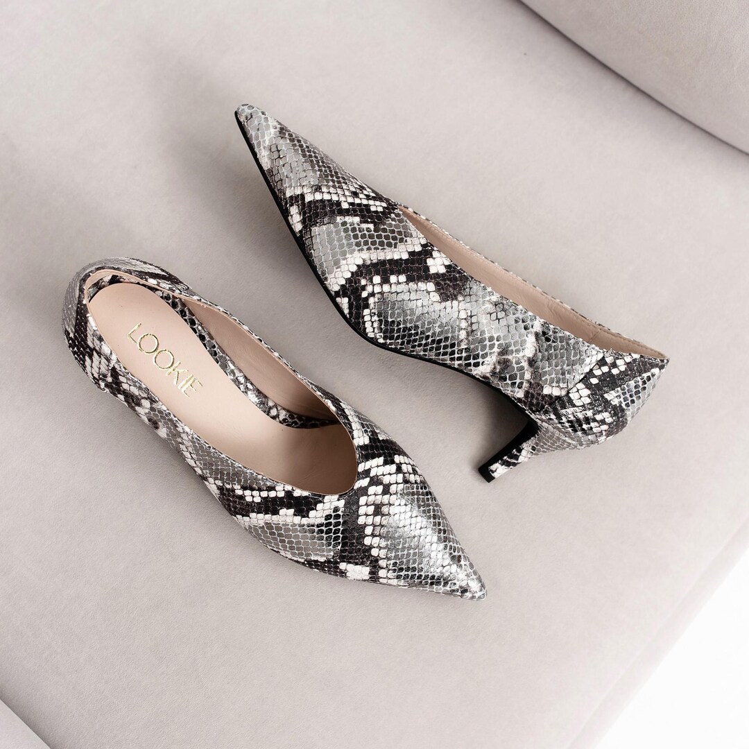Pumps Snake Printed Leather With Kitten Heel, Animal Printed Women