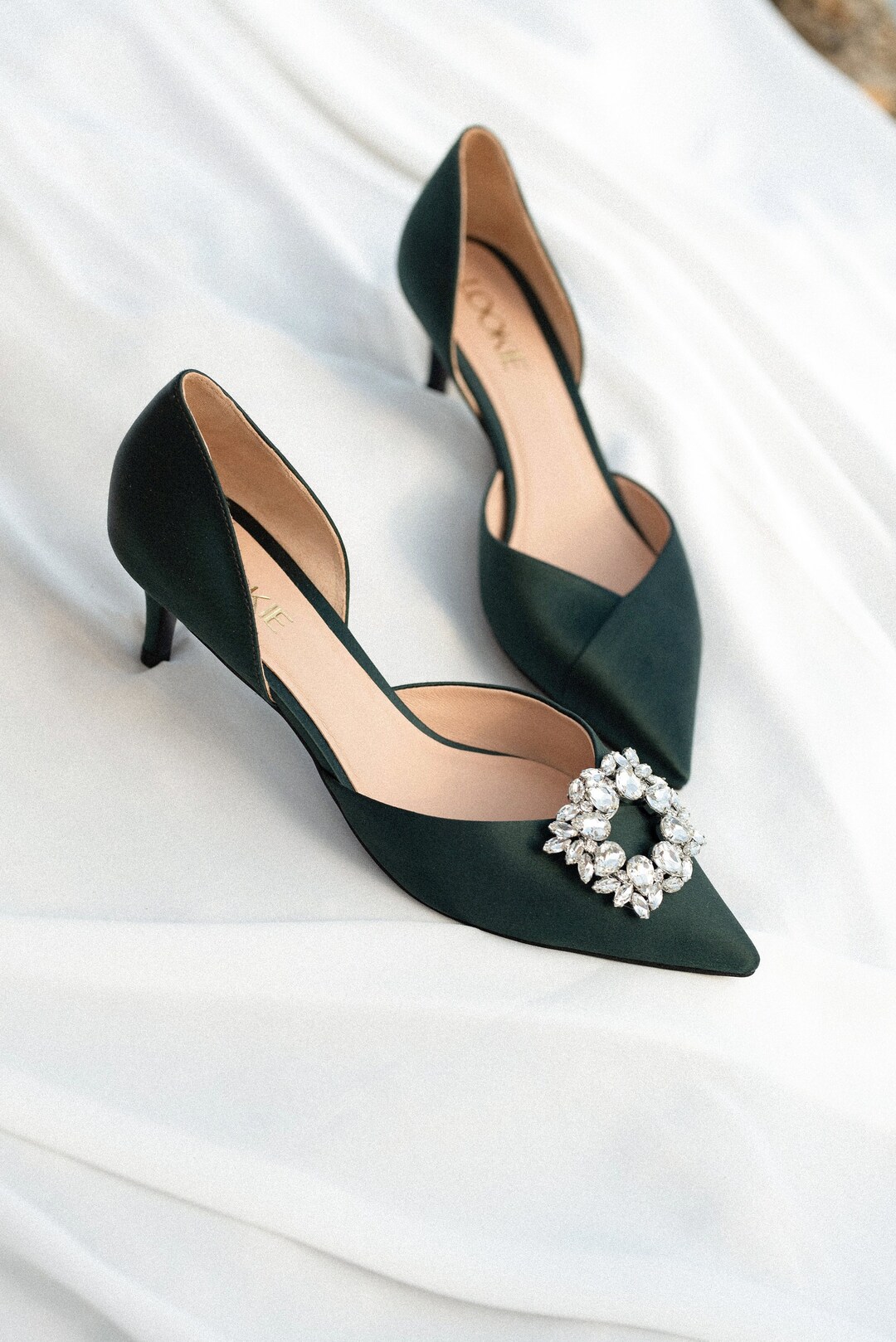 emerald green satin pumps